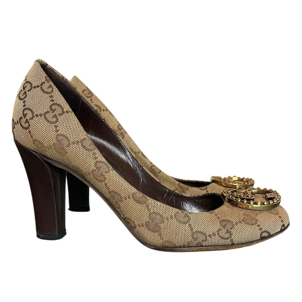GUCCI Canvas Supreme Interlocking GG Logo Studded Block Heel Pumps \\ 36.5 - Picture 3 of 13